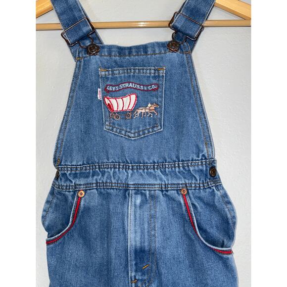 Vintage 80s Levis Denim Overalls Kids Size 6 Embroidered Horse Jean Blue Retro - Picture 2 of 8